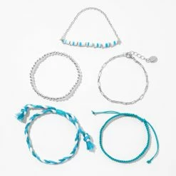 Discount 🎁 Claire's Silver & Blue Beaded & Woven Bracelet Set - 5 Pack ✨