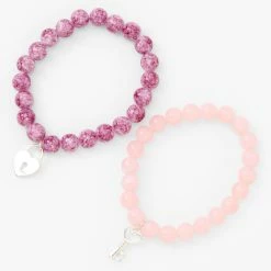 Coupon ???? Claire's Silver Heart Lock & Key Beaded Stretch Bracelet - Blush Pink, 2 Pack ⭐