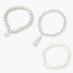 Cheapest ???? Claire's Rose Marble Beaded Stretch Bracelets - White, 3 Pack ????