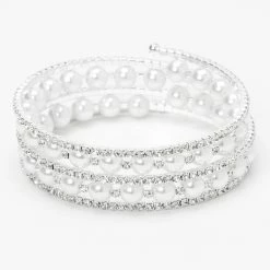 Best Pirce 🧨 Claire's Silver Embellished Pearl Coil Wrap Bracelet 😀