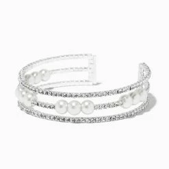 Hot Sale 👍 Claire's Pearl & Silver Rhinestone Three Row Cuff Bracelet 😍