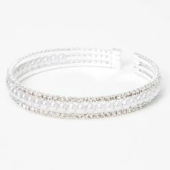 Cheapest ✨ Claire's Silver Rhinestone & Pearl Triple Row Cuff Bracelet ✔️