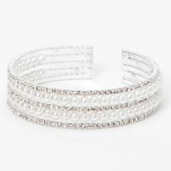 Best Sale 🥰 Claire's Silver Rhinestone & Pearl Five-Row Cuff Bracelet 👏