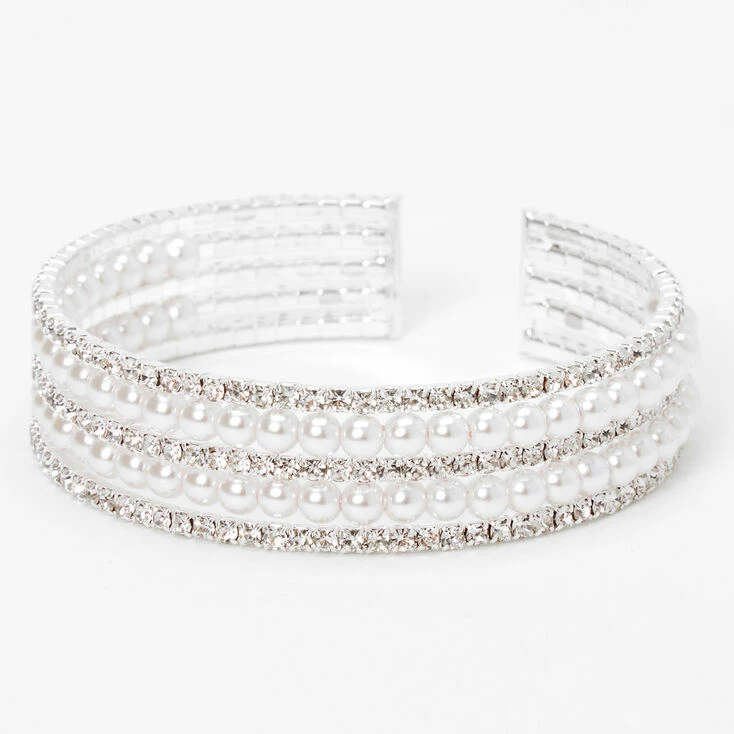 Silver Rhinestone & Pearl Five-Row Cuff Bracelet Best Sale ???? Claire's Silver Rhinestone & Pearl Five-Row Cuff Bracelet ???? -Claire’s Shop 72741 1