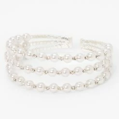 Best Pirce 🎁 Claire's Silver Crystal Pearl Triple Row Cuff Bracelet 😉