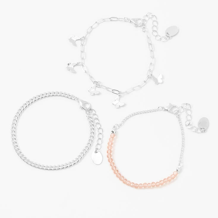 Silver Butterfly Beaded Chain Bracelets - Pink, 3 Pack Best deal ✨ Claire's Silver Butterfly Beaded Chain Bracelets - Pink, 3 Pack ???? -Claire’s Shop 88774 1