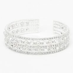 Deals ⌛ Claire's Pearl & Rhinestone Five Row Cuff Bracelet - Silver ✨